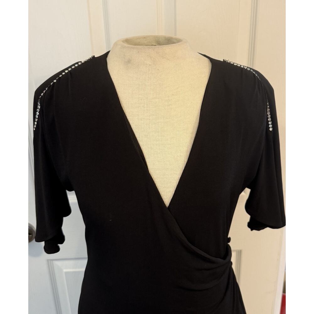 J Peterman Cocktail Dress LBD Sz 6 Black Ruched Rhinestones Ruffle Button Detail - Picture 4 of 16